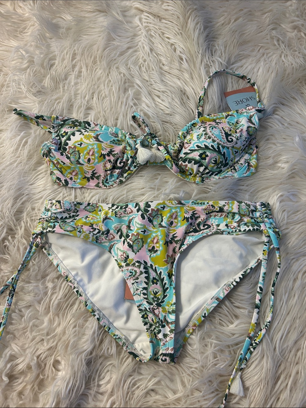 Tie-Front Paisley Print Bikini Set in Aqua & Pink